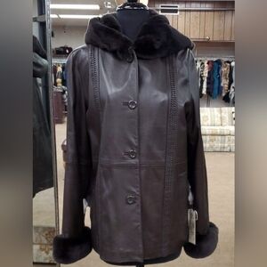 SALE Brown Lamb Leather Parka with Rex Rabbit Fur